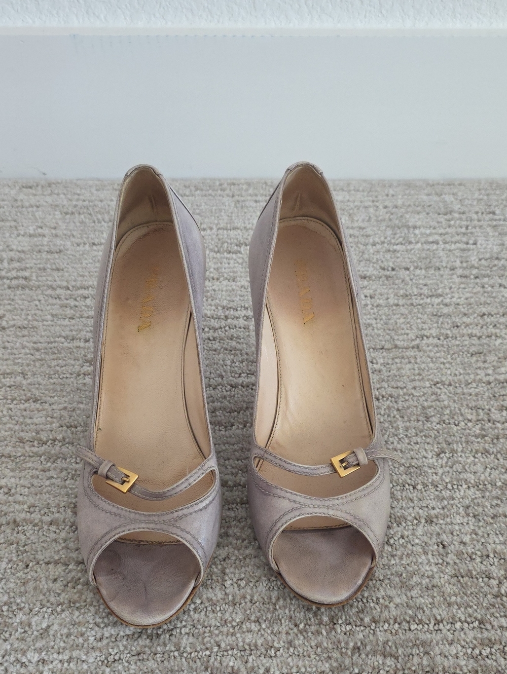 Prada Taupe Open-Toe Heels with Gold Buckle